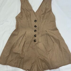 Tan Linen blend V-neck Button-Front Romper women’s